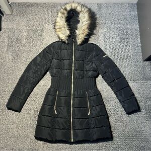 Laundry by Shelli Segal Black Faux Fur Trim Puffer Coat